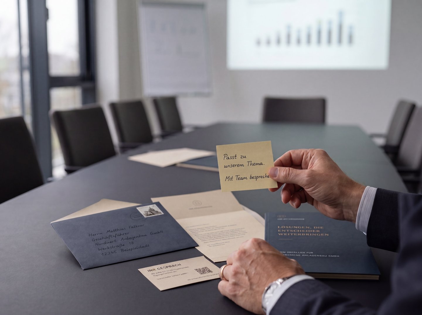 Hand hält eine handschriftliche Notiz „Passt zu unserem Thema. Mit Team besprechen.“ über einem Besprechungstisch mit frankiertem Briefumschlag, Kampagnenbrief und Broschüre, im Hintergrund ein Meetingraum mit Präsentationsleinwand