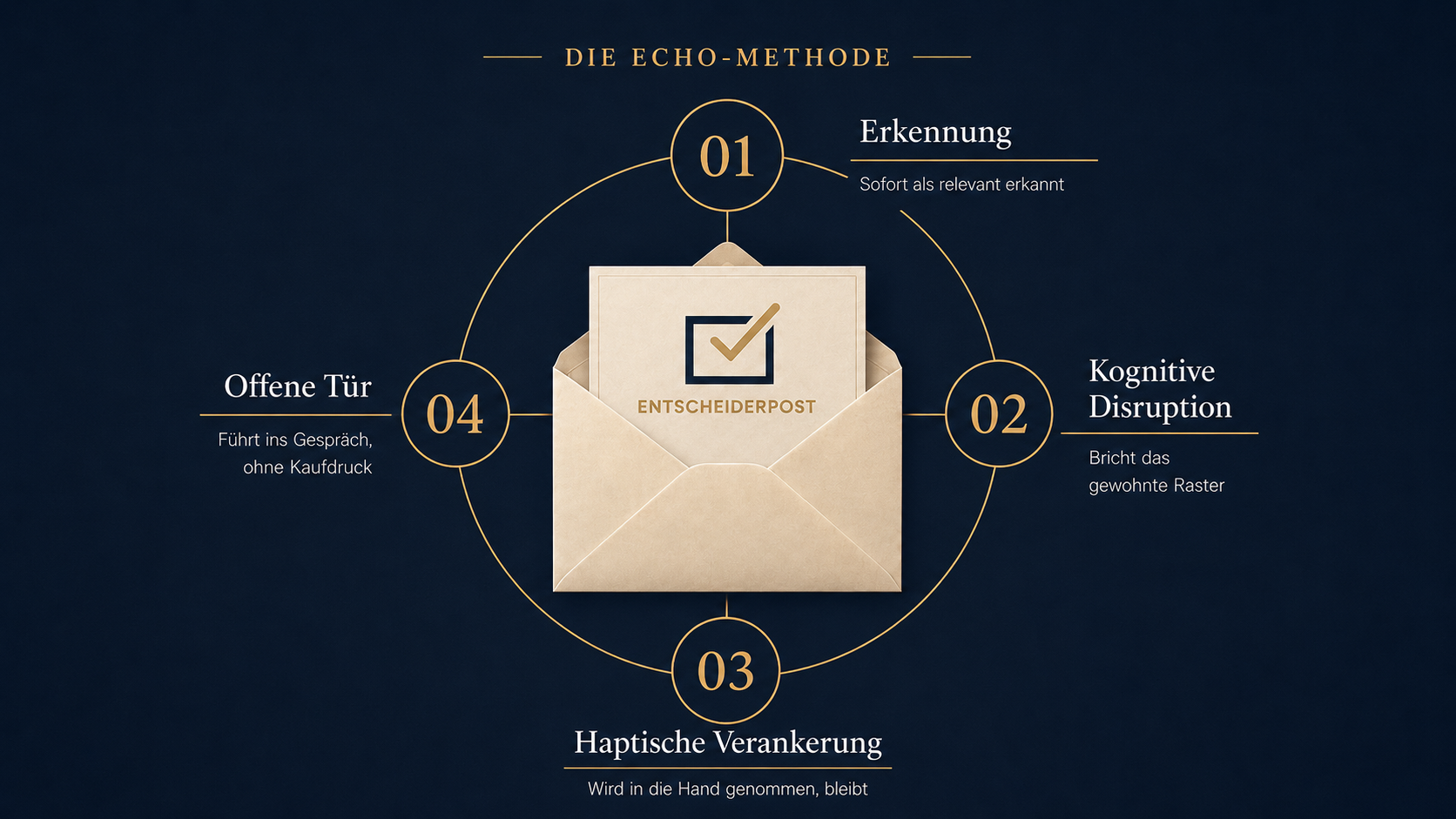 Systemgrafik: Vier Schritte zum Entscheiderzugang — Analyse, handverlesene Entscheiderkontakte, Psychologie, Gespräch.